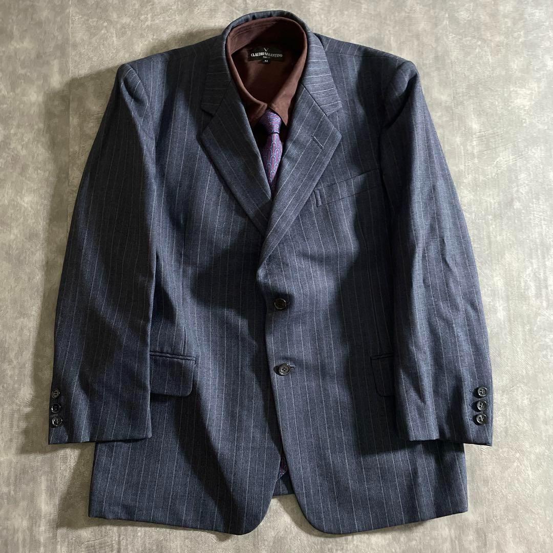 極上ウール 青灰 ストライプ ヴィンテージスーツ × HERMESネクタイコーデ