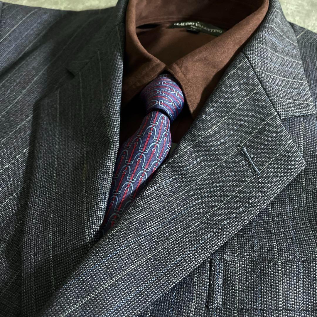 極上ウール 青灰 ストライプ ヴィンテージスーツ × HERMESネクタイコーデ