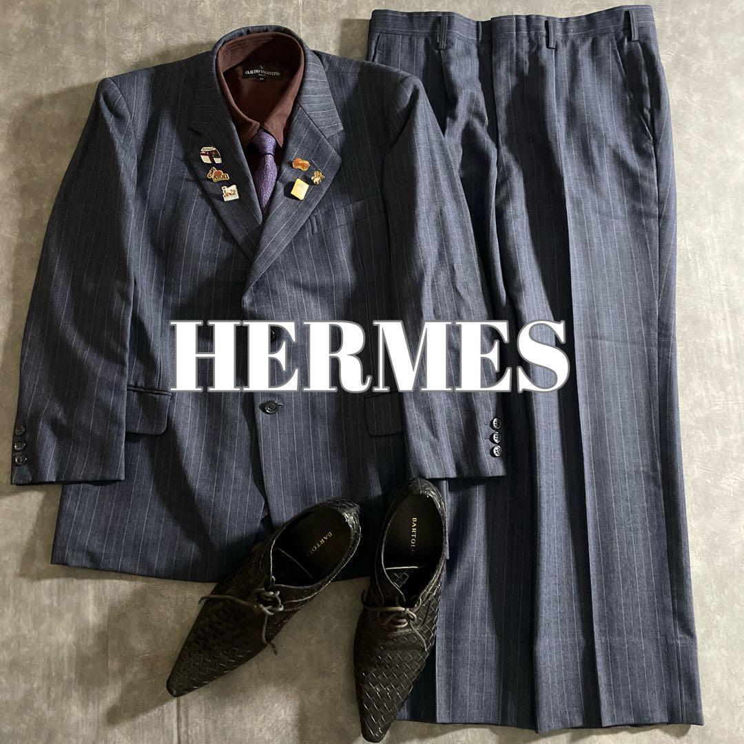 極上ウール 青灰 ストライプ ヴィンテージスーツ × HERMESネクタイコーデ