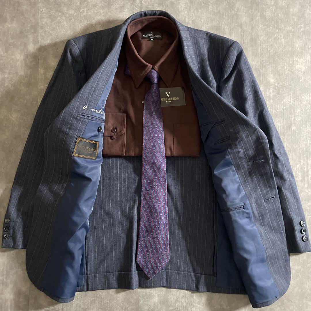 極上ウール 青灰 ストライプ ヴィンテージスーツ × HERMESネクタイコーデ