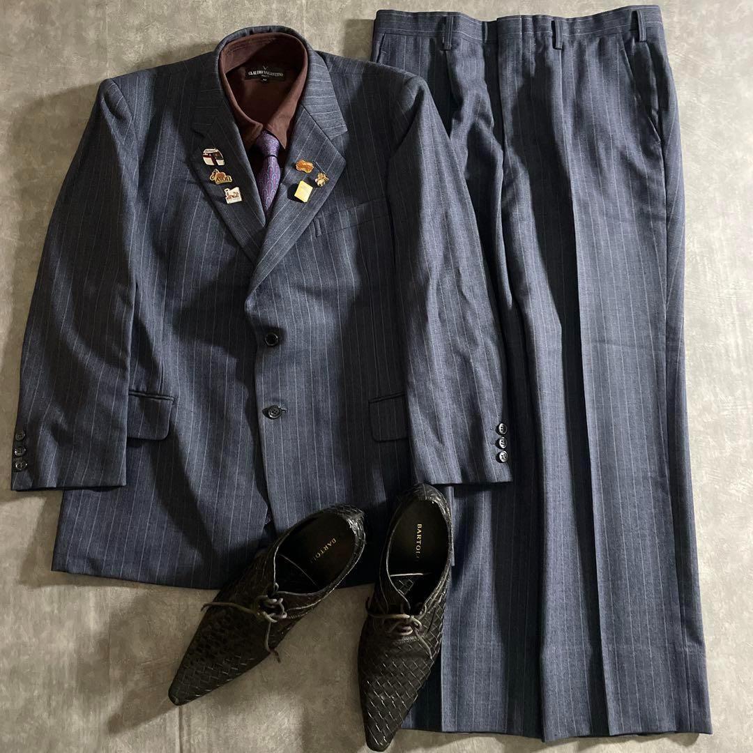極上ウール 青灰 ストライプ ヴィンテージスーツ × HERMESネクタイコーデ