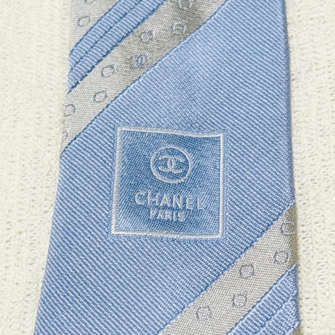 新品級 CHANEL シャネル ココマーク CC 総柄 ネクタイ シルバー 水色