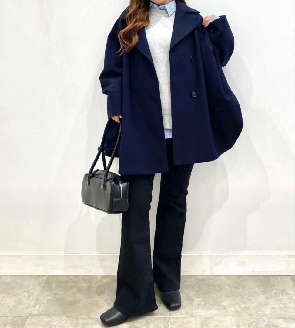 新品】GU コージーメルトンケープコート L メルトン コート ケープ ネイビー