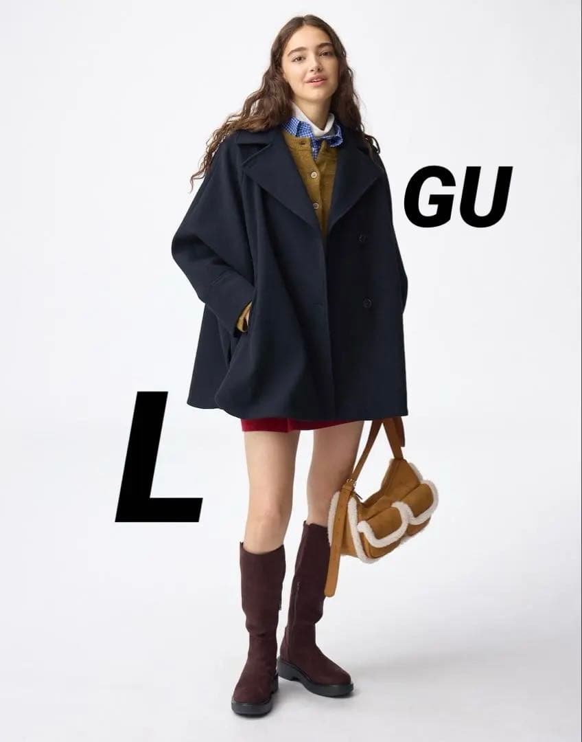 新品】GU コージーメルトンケープコート L メルトン コート ケープ ネイビー