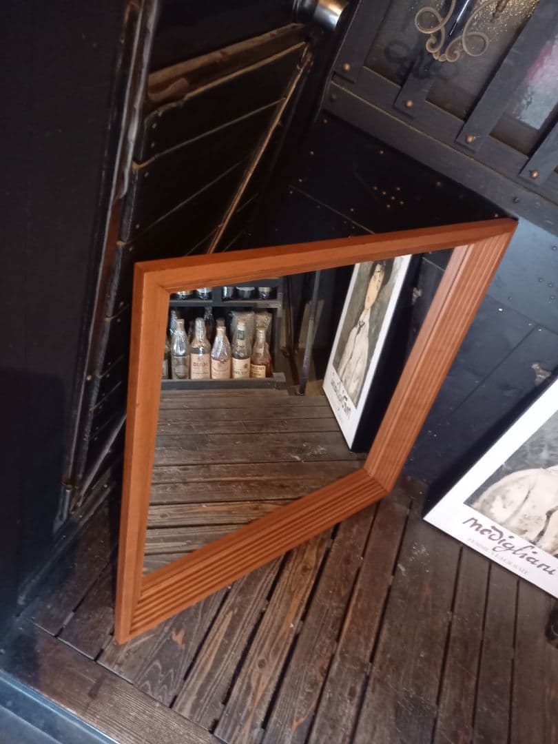 デンマーク　チーク　無垢材　アート　スクェア　フレーム　大型　ウォール　ミラー