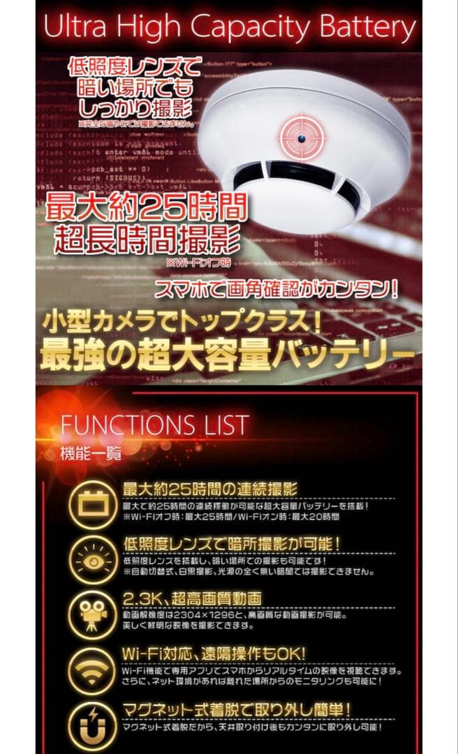 火災報知器 型　目立たない　防犯カメラ ホワイト　検知センサー付き