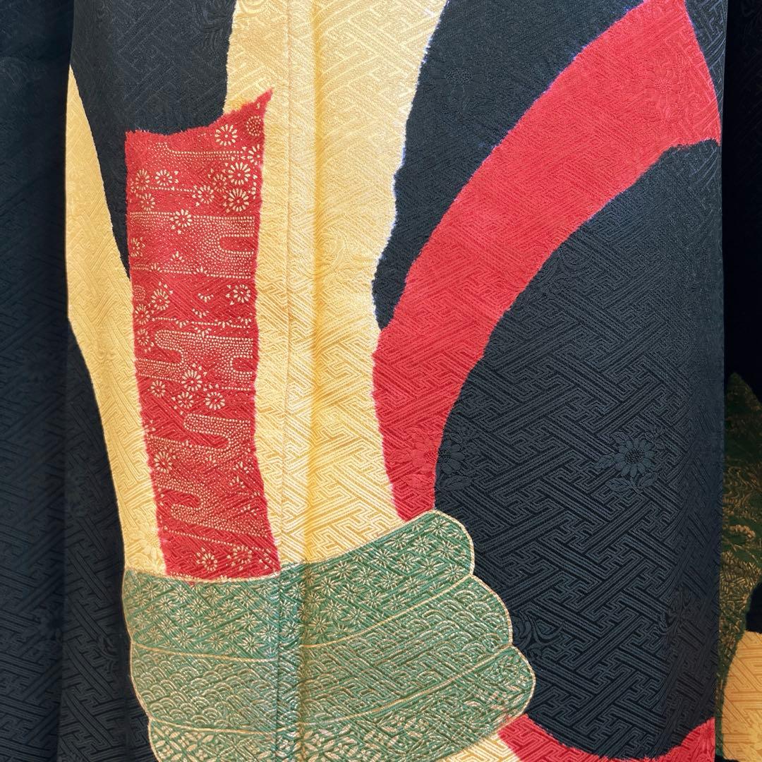 449 振袖フルセット 正絹 黒 赤 黄 緑 束ね熨斗 シンプル クール シック