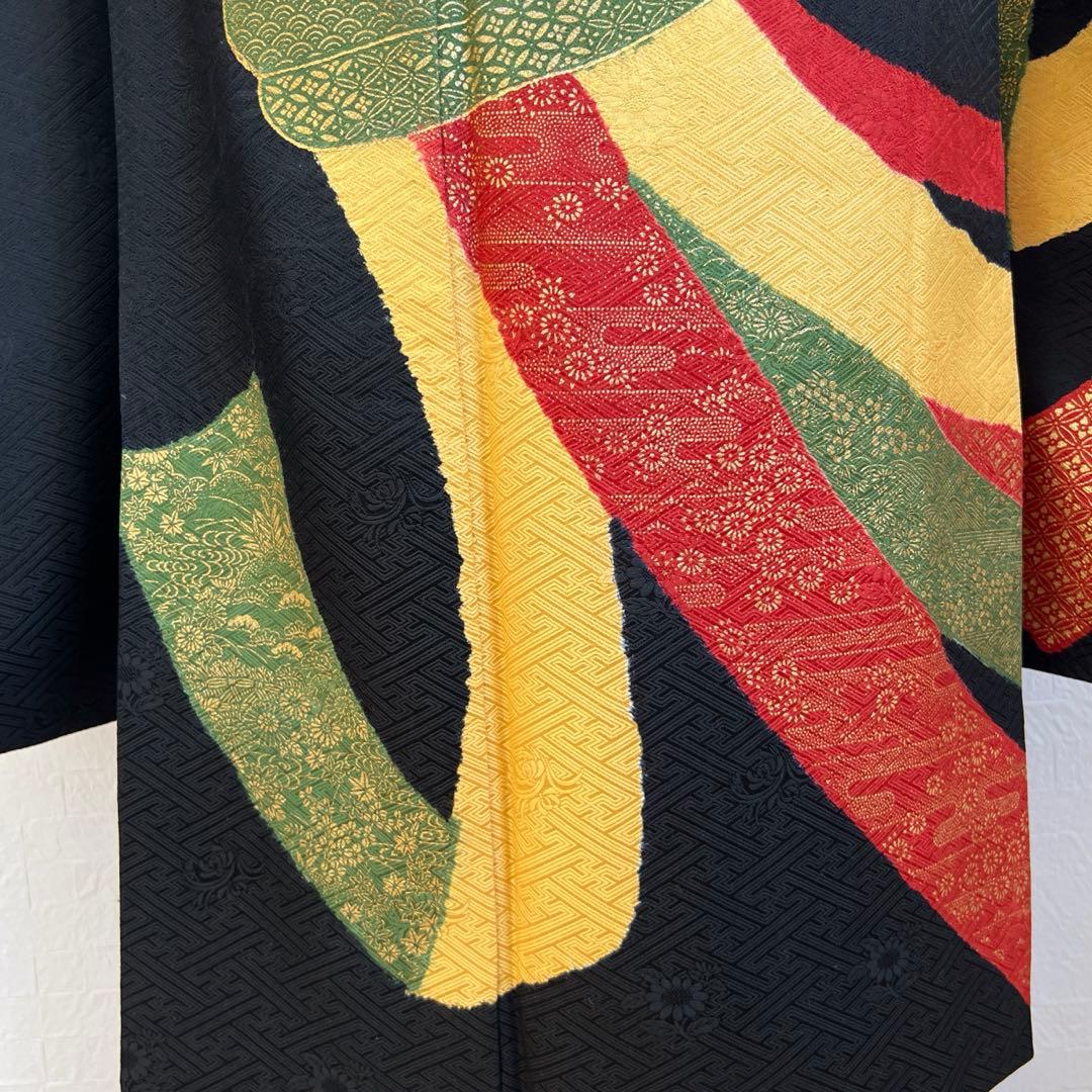 449 振袖フルセット 正絹 黒 赤 黄 緑 束ね熨斗 シンプル クール シック