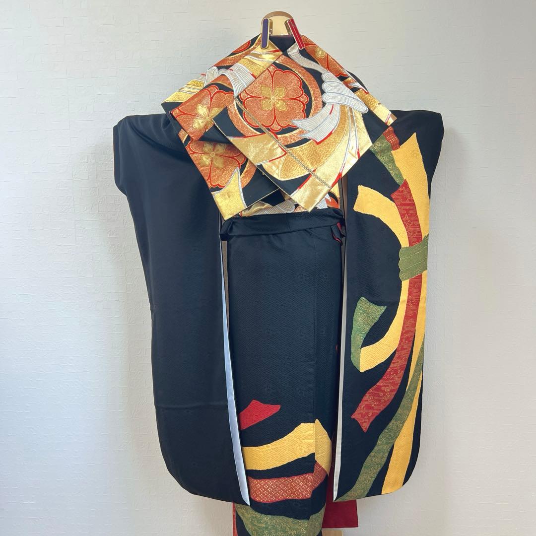 449 振袖フルセット 正絹 黒 赤 黄 緑 束ね熨斗 シンプル クール シック