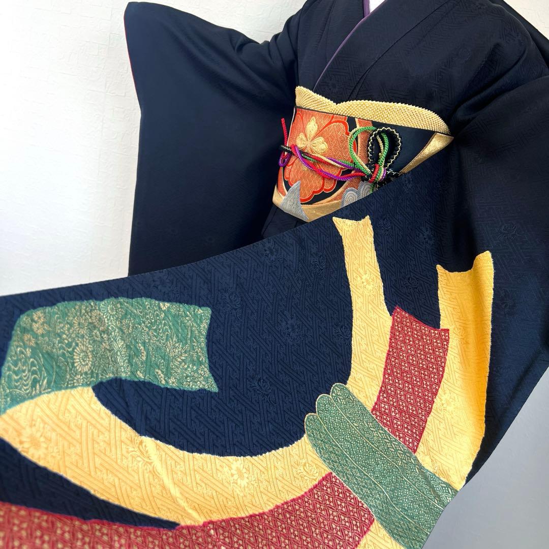 449 振袖フルセット 正絹 黒 赤 黄 緑 束ね熨斗 シンプル クール シック