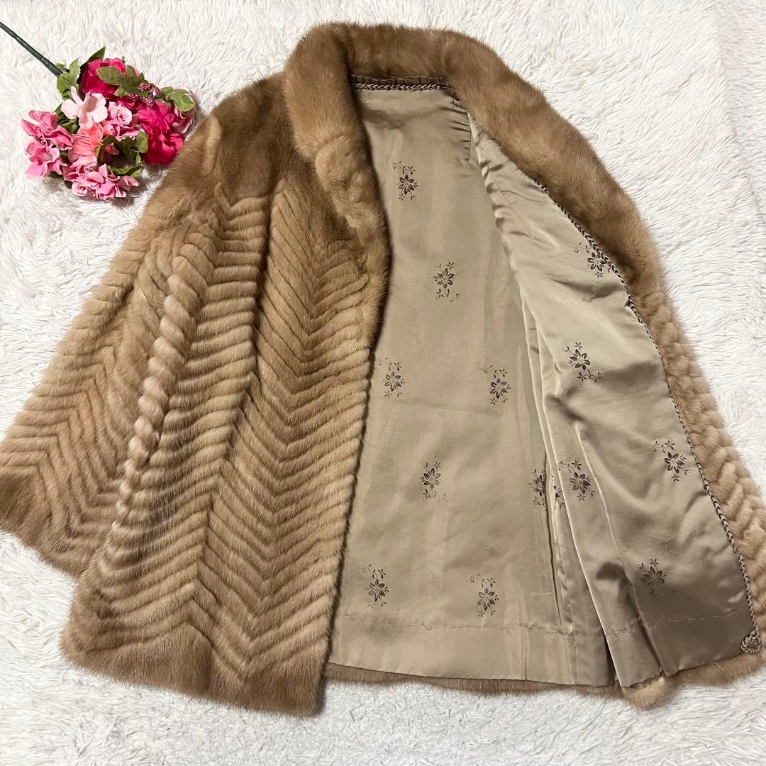 【SALE】高級ミンクファーコート　ベージュ　ヘリンボーン　リアルファーコート