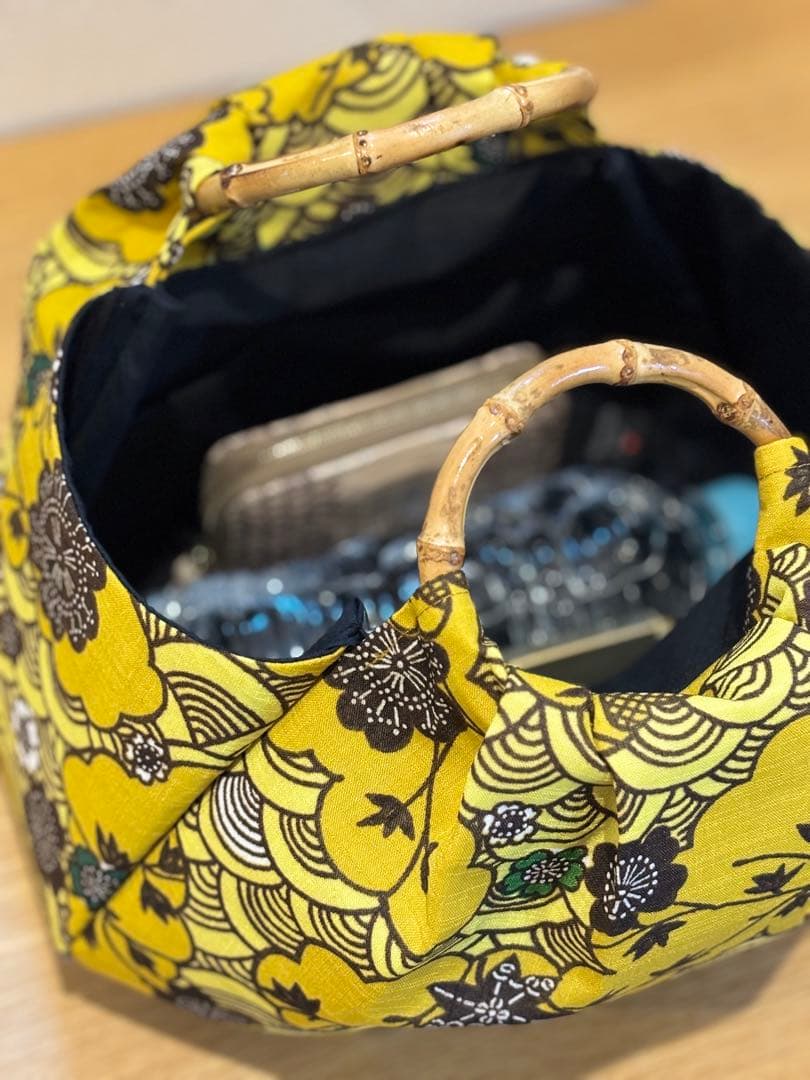 和装バック　着物バック　琉球柄　青海波　紅型生地（黄色）入学卒業結婚七五三振袖