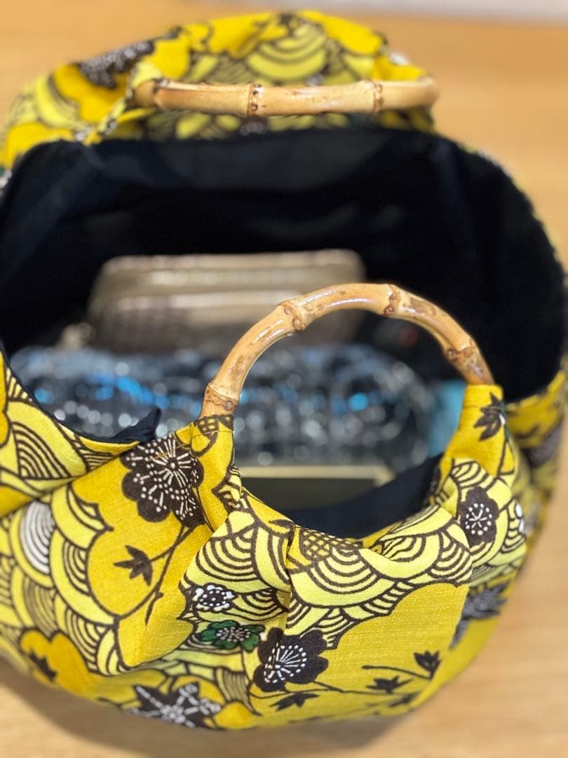 和装バック　着物バック　琉球柄　青海波　紅型生地（黄色）入学卒業結婚七五三振袖