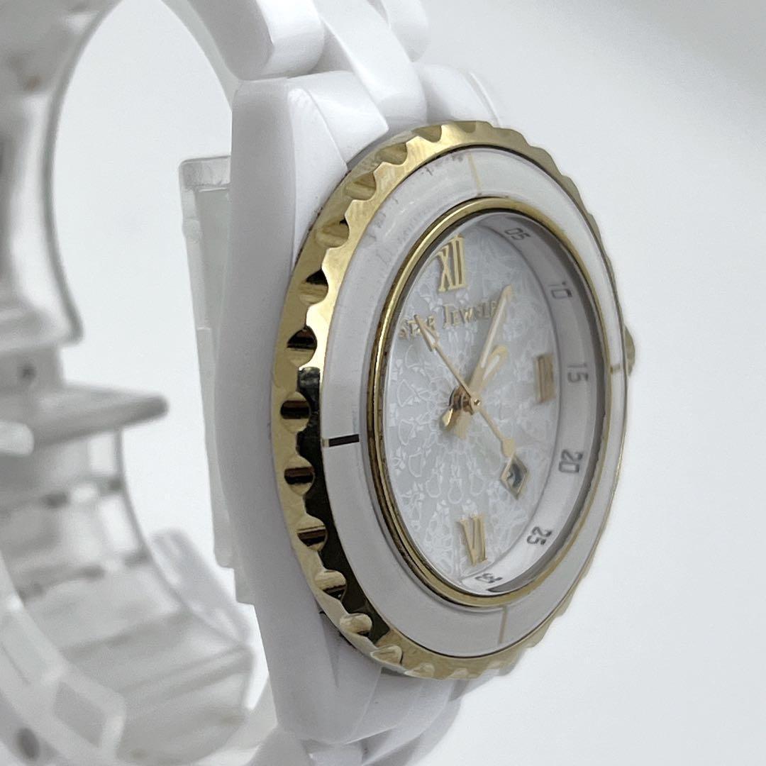 スタージュエリー セラミック ホワイト レース文字盤 ゴールド デイト 新品電池