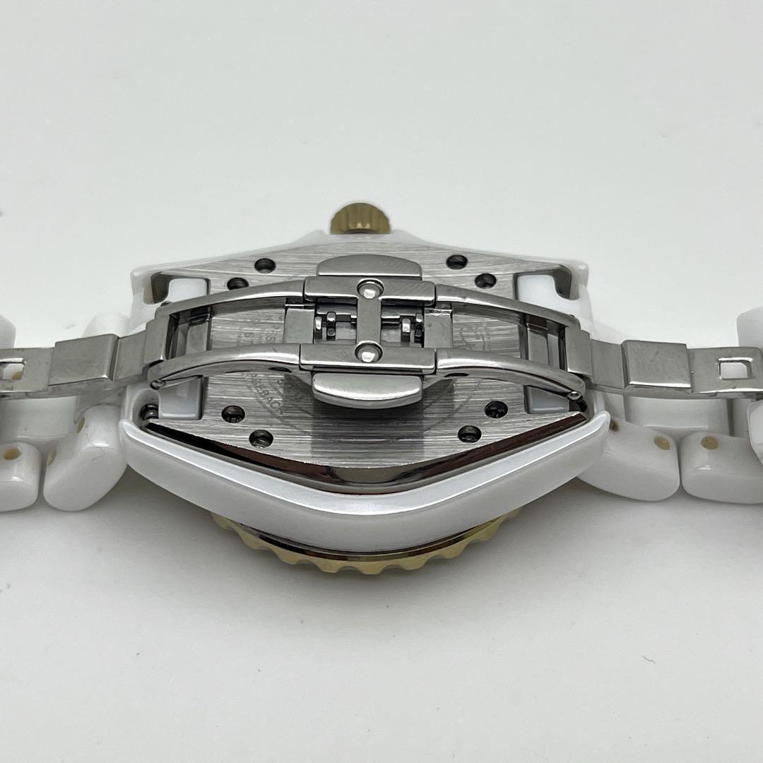 スタージュエリー セラミック ホワイト レース文字盤 ゴールド デイト 新品電池