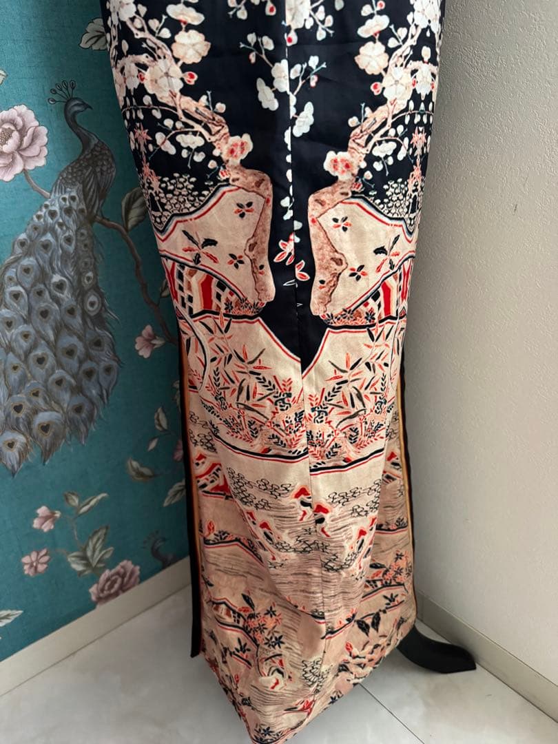 逸品！！本場中国製✴︎レア˚✧₊⁎和柄 日本画風 チャイナドレス✴︎ブラック✴︎