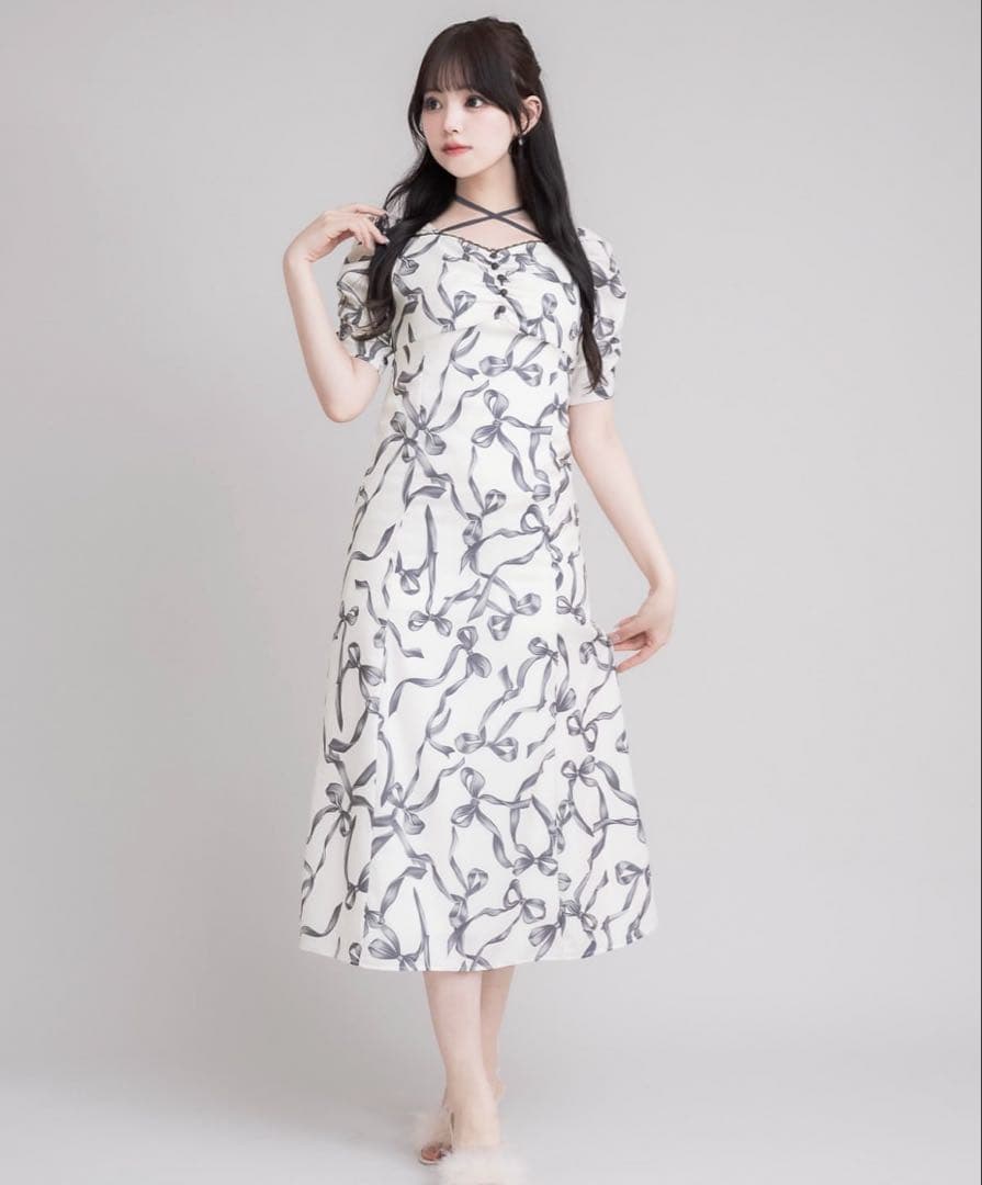 pium リボン柄ロングワンピース