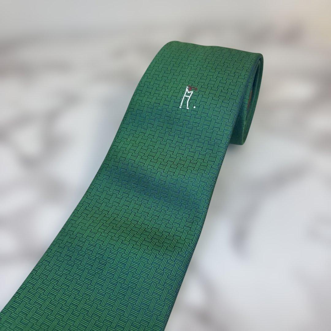 【箱付き✨】HERMES ネクタイ　ファソネ　グリーン　緑　ゴルフ　ワンポイント