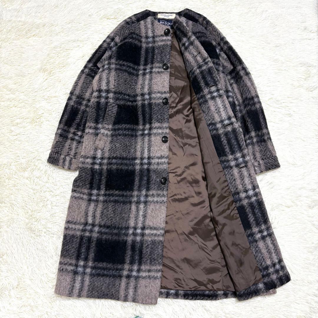 BEAMS BOYスライバー タータンチェック ノーカラーコート ロング　モヘヤ