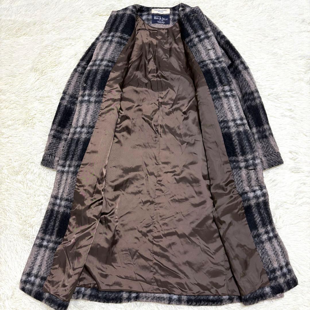 BEAMS BOYスライバー タータンチェック ノーカラーコート ロング　モヘヤ