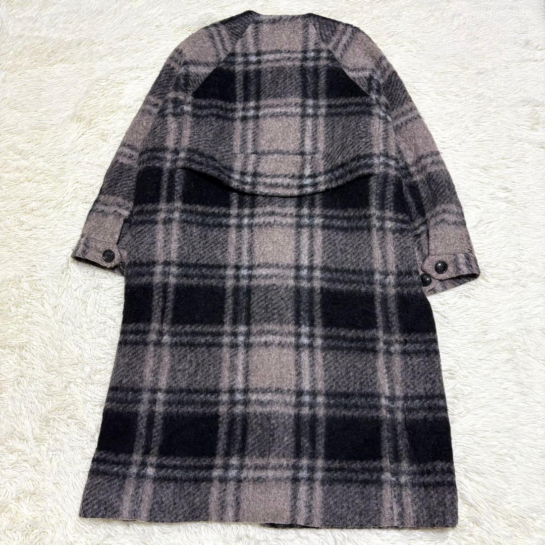 BEAMS BOYスライバー タータンチェック ノーカラーコート ロング　モヘヤ