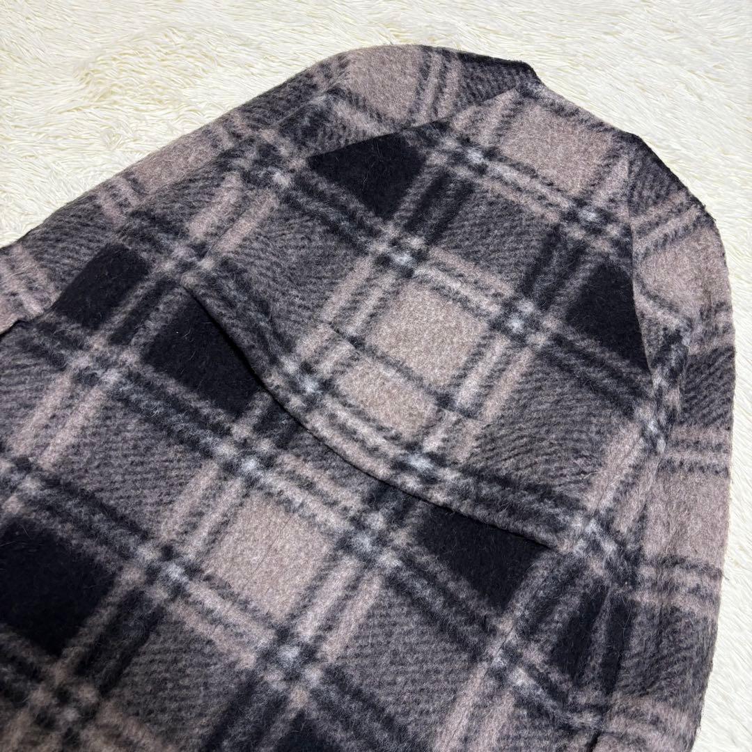 BEAMS BOYスライバー タータンチェック ノーカラーコート ロング　モヘヤ