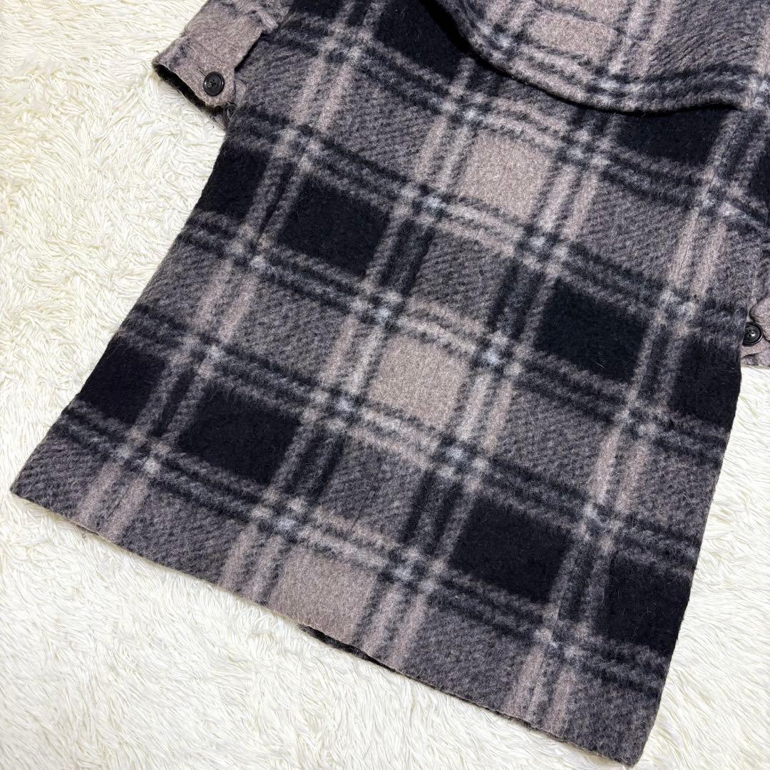 BEAMS BOYスライバー タータンチェック ノーカラーコート ロング　モヘヤ