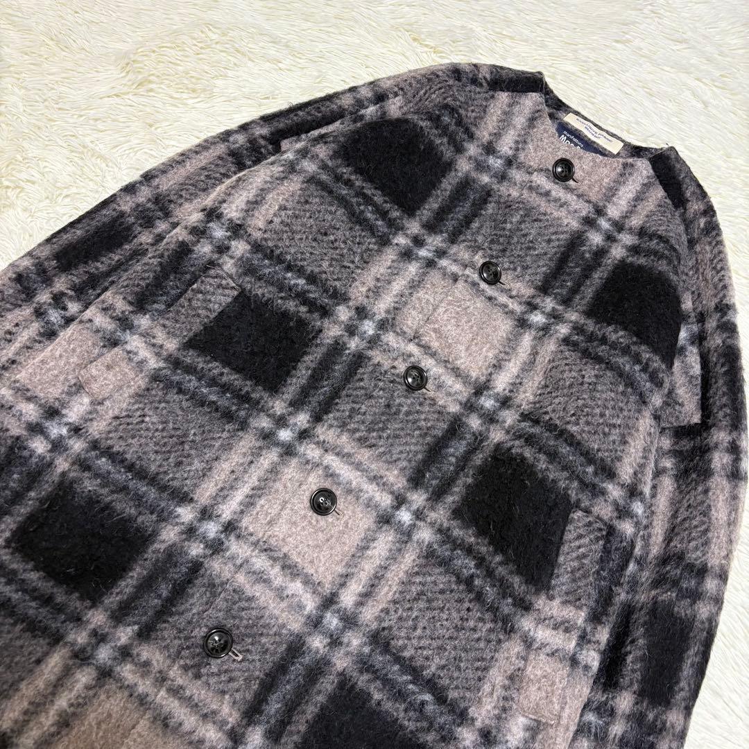 BEAMS BOYスライバー タータンチェック ノーカラーコート ロング　モヘヤ