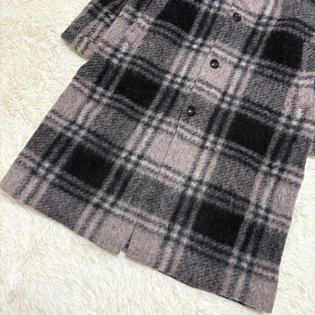 BEAMS BOYスライバー タータンチェック ノーカラーコート ロング　モヘヤ