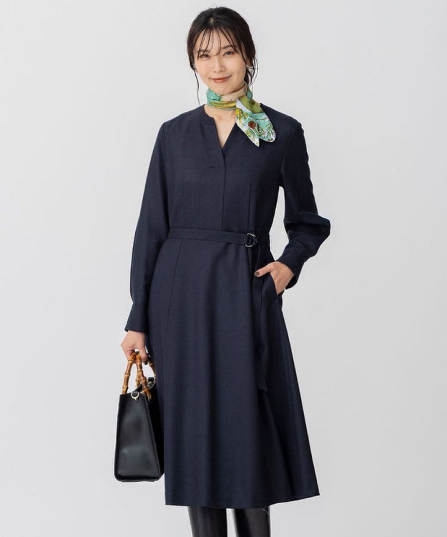 訳あり美品23区 ウールジョーゼット フィットアンドフレア ワンピース38グレー