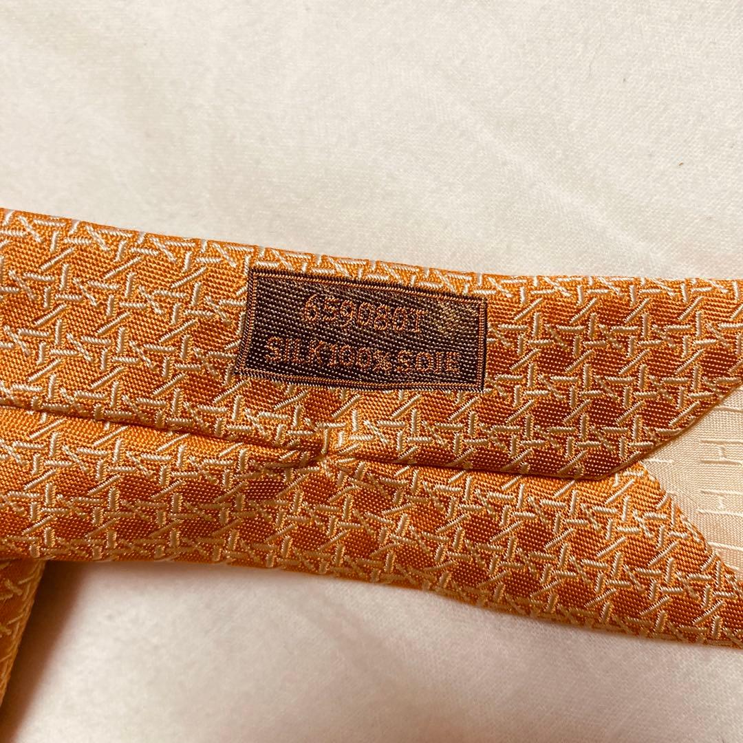 HERMES オレンジ 幾何学模様 シルクネクタイ