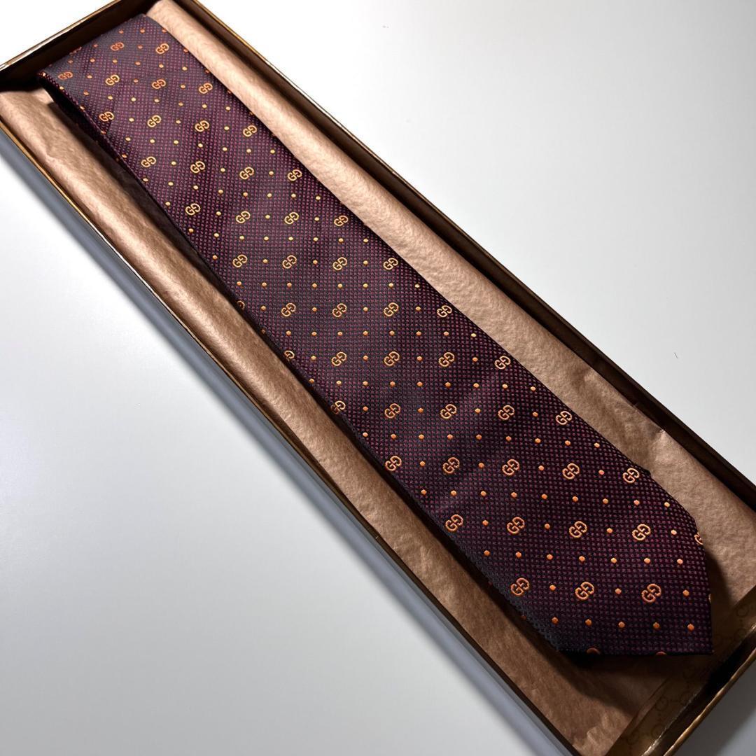 GUCCI ネクタイ シルク 100% バーガンディー GG柄 総柄 ダブルG
