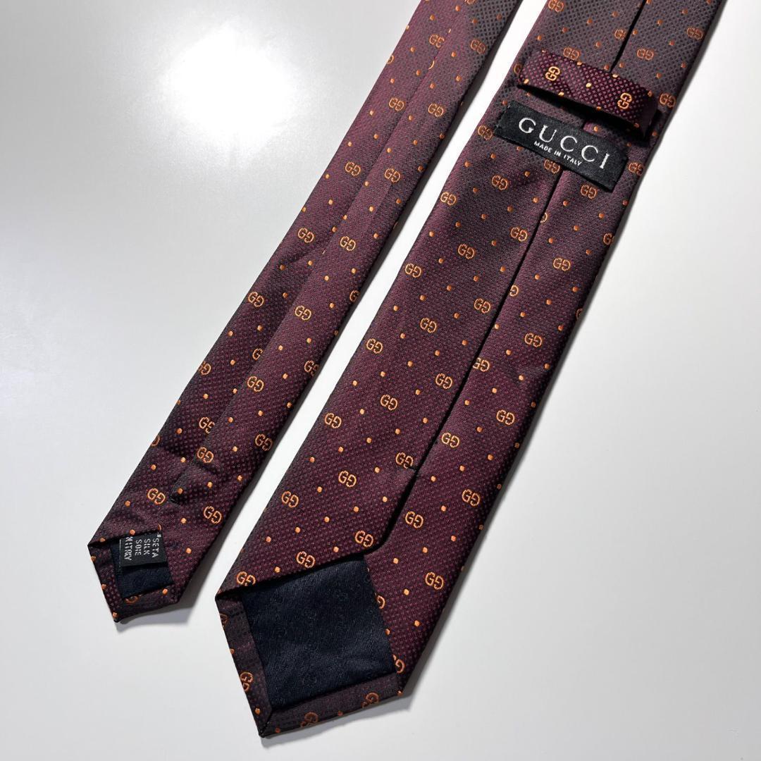 GUCCI ネクタイ シルク 100% バーガンディー GG柄 総柄 ダブルG