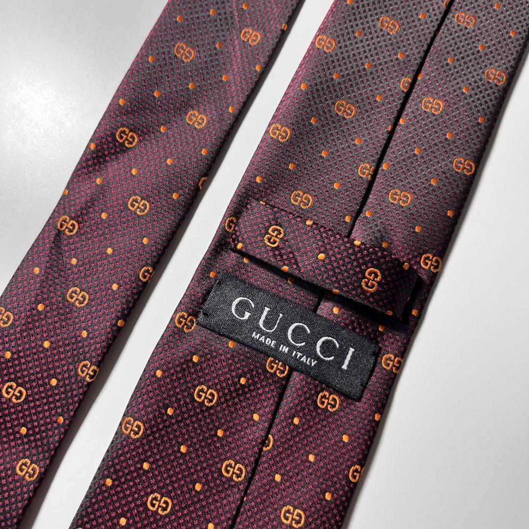 GUCCI ネクタイ シルク 100% バーガンディー GG柄 総柄 ダブルG