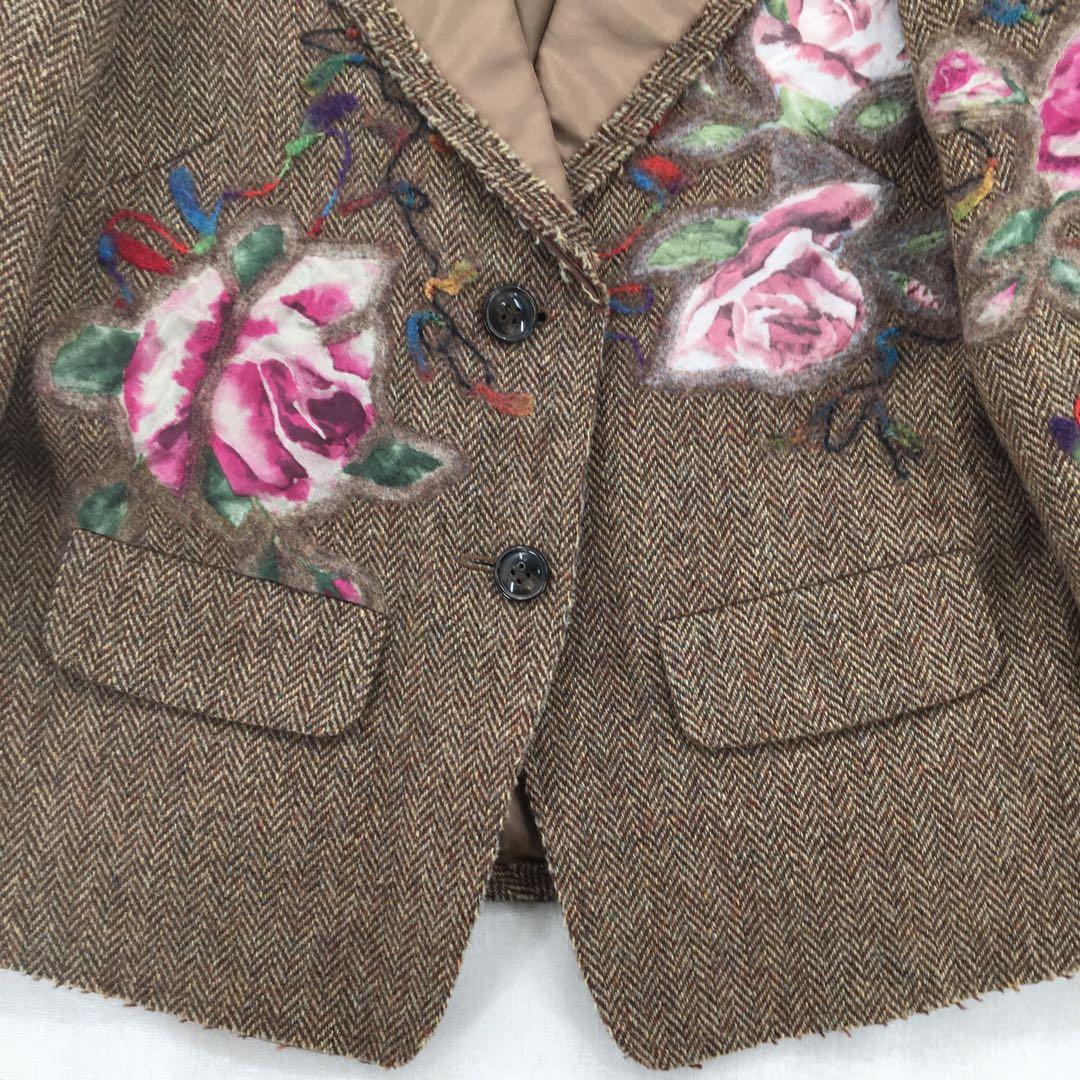 ユキトリイ テーラードジャケット【L】ウール ヘリンボーン 花柄刺繍 フェルト