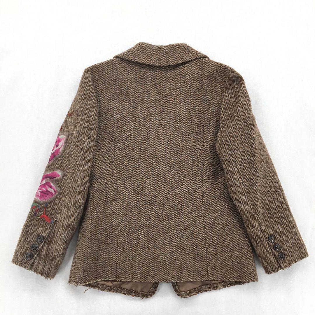 ユキトリイ テーラードジャケット【L】ウール ヘリンボーン 花柄刺繍 フェルト