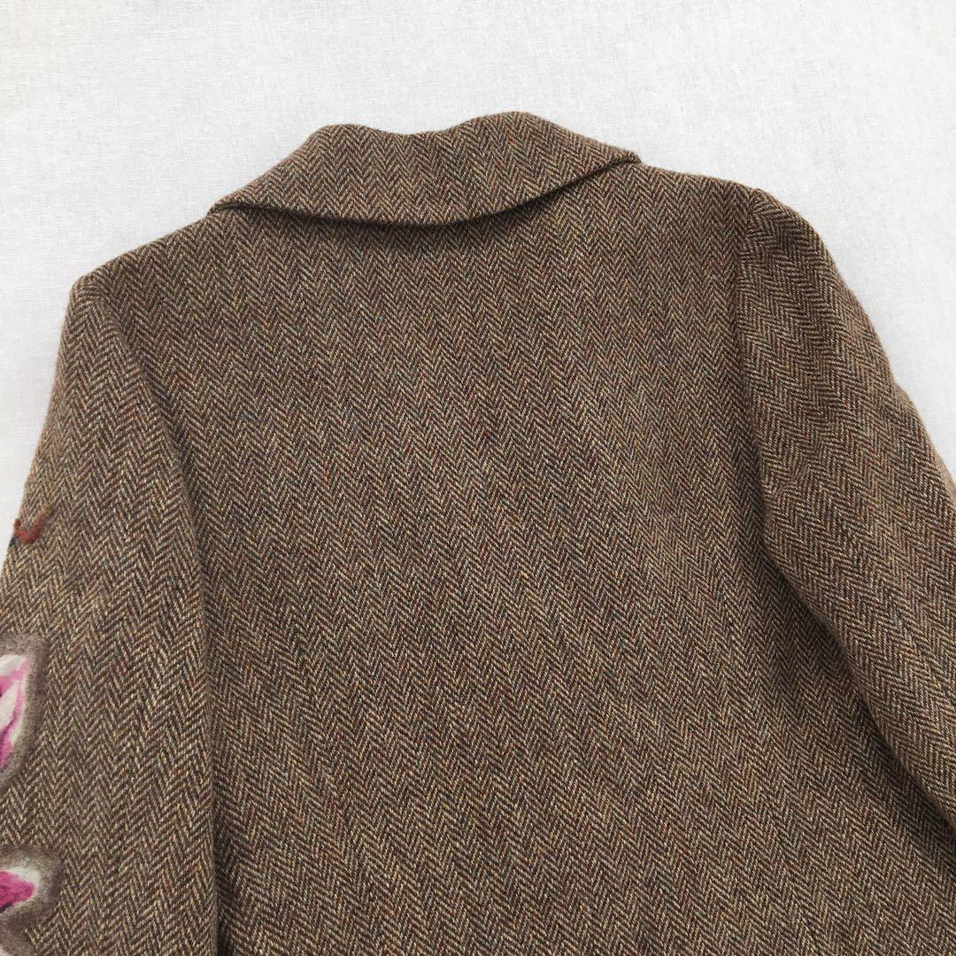 ユキトリイ テーラードジャケット【L】ウール ヘリンボーン 花柄刺繍 フェルト