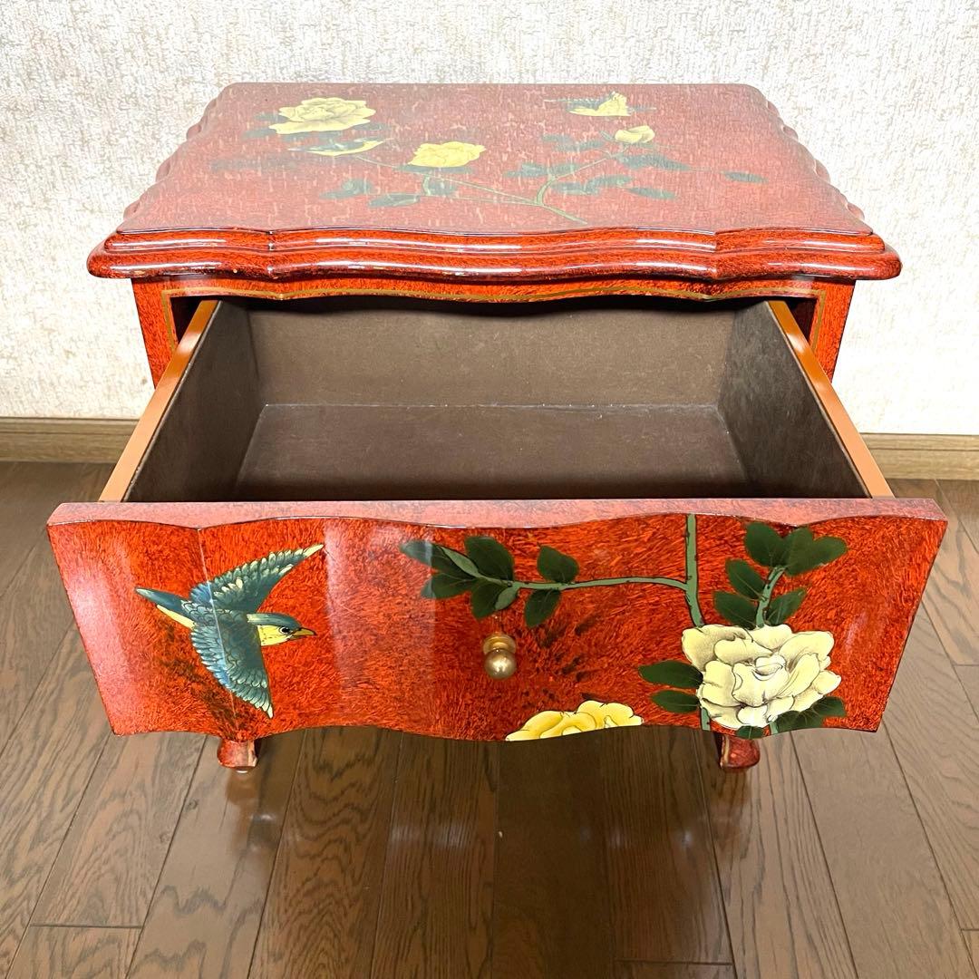 【ヴィンテージ・キャビネット】40X56X58 赤花と鳥の装飾箪笥　アジアン家具