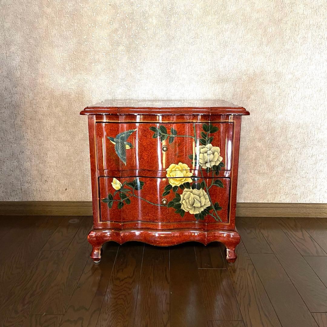 【ヴィンテージ・キャビネット】40X56X58 赤花と鳥の装飾箪笥　アジアン家具