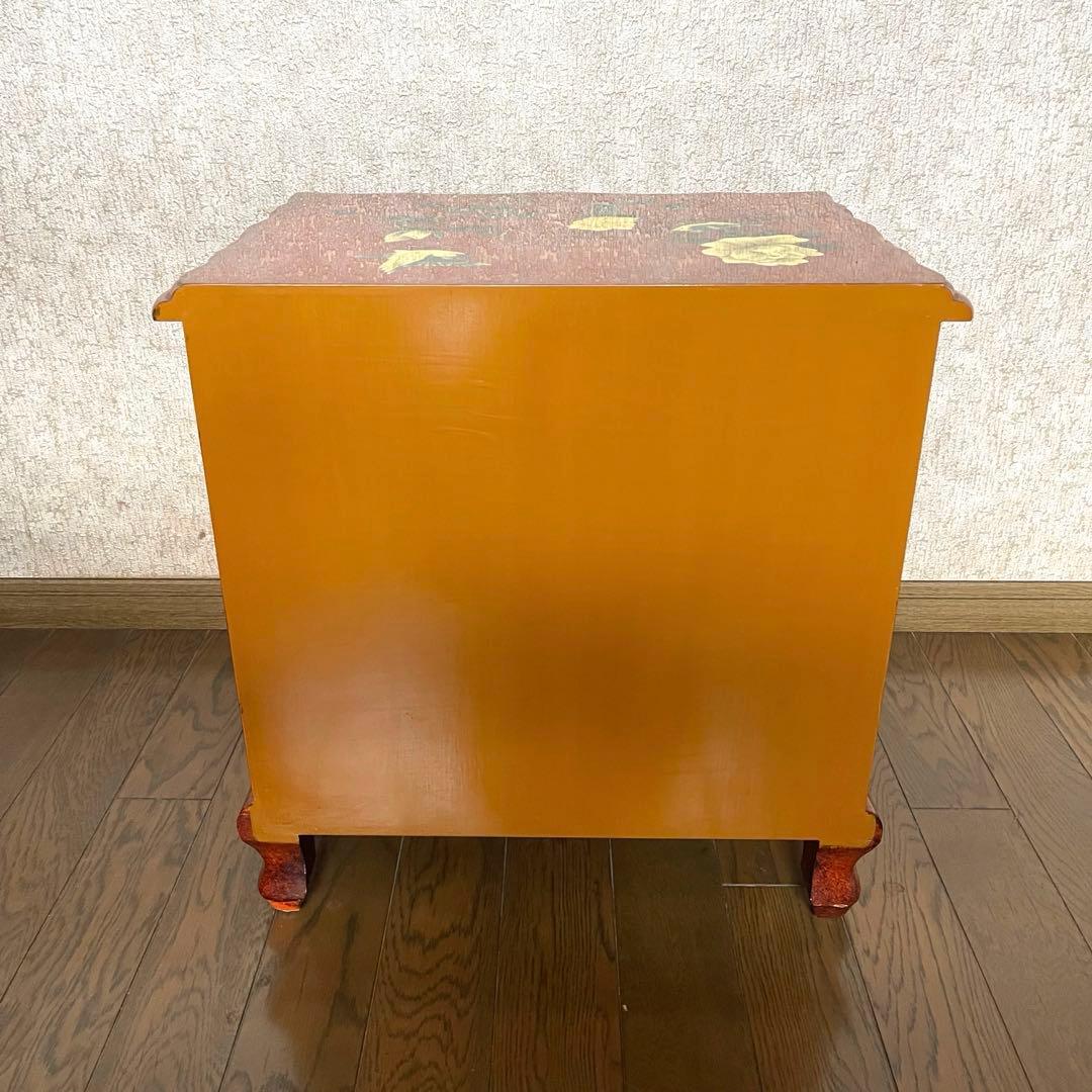 【ヴィンテージ・キャビネット】40X56X58 赤花と鳥の装飾箪笥　アジアン家具