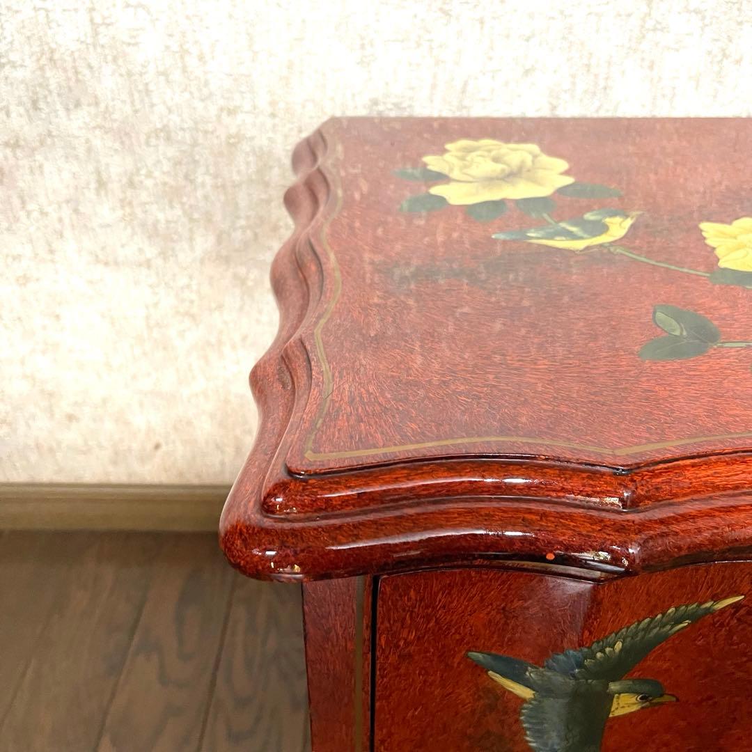 【ヴィンテージ・キャビネット】40X56X58 赤花と鳥の装飾箪笥　アジアン家具
