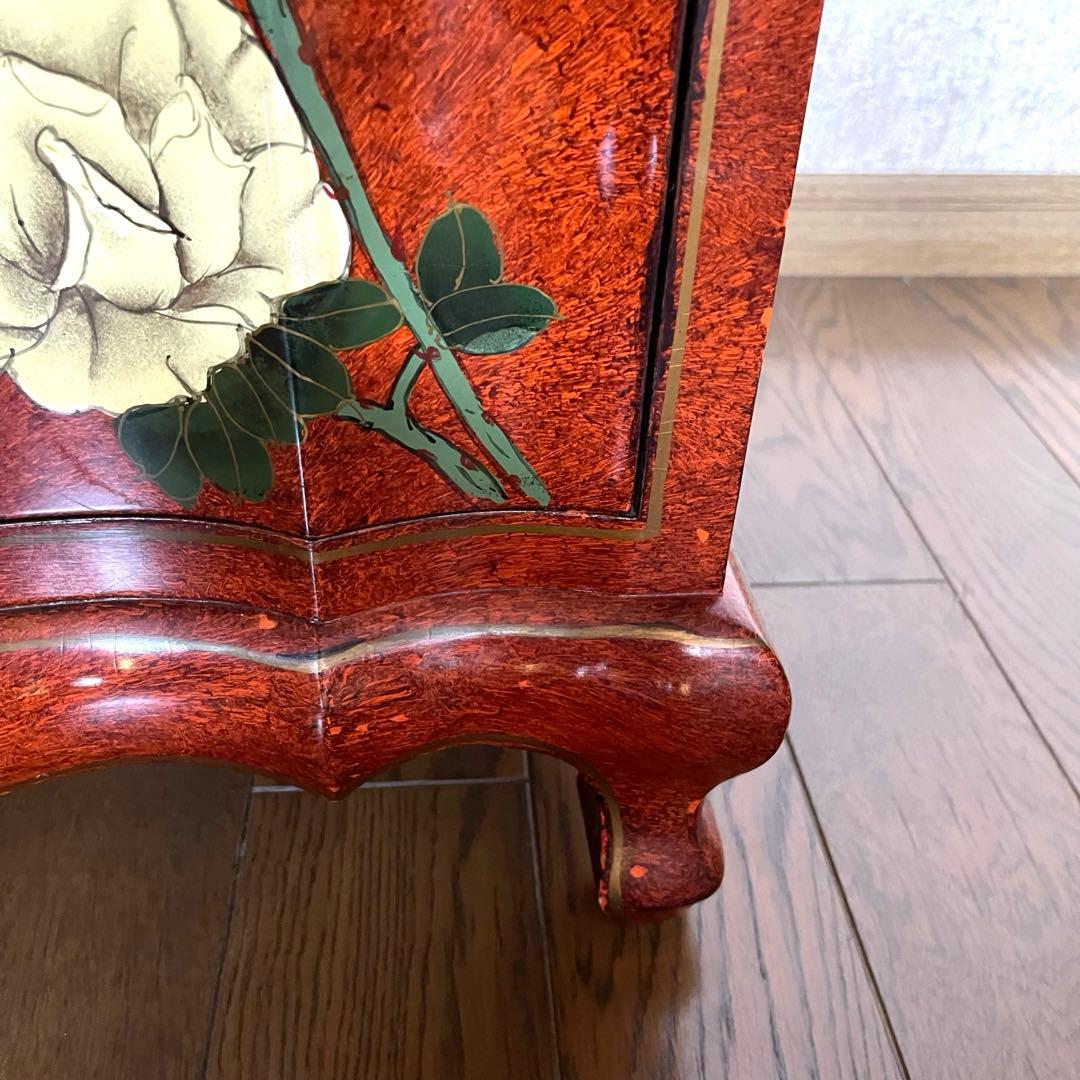 【ヴィンテージ・キャビネット】40X56X58 赤花と鳥の装飾箪笥　アジアン家具