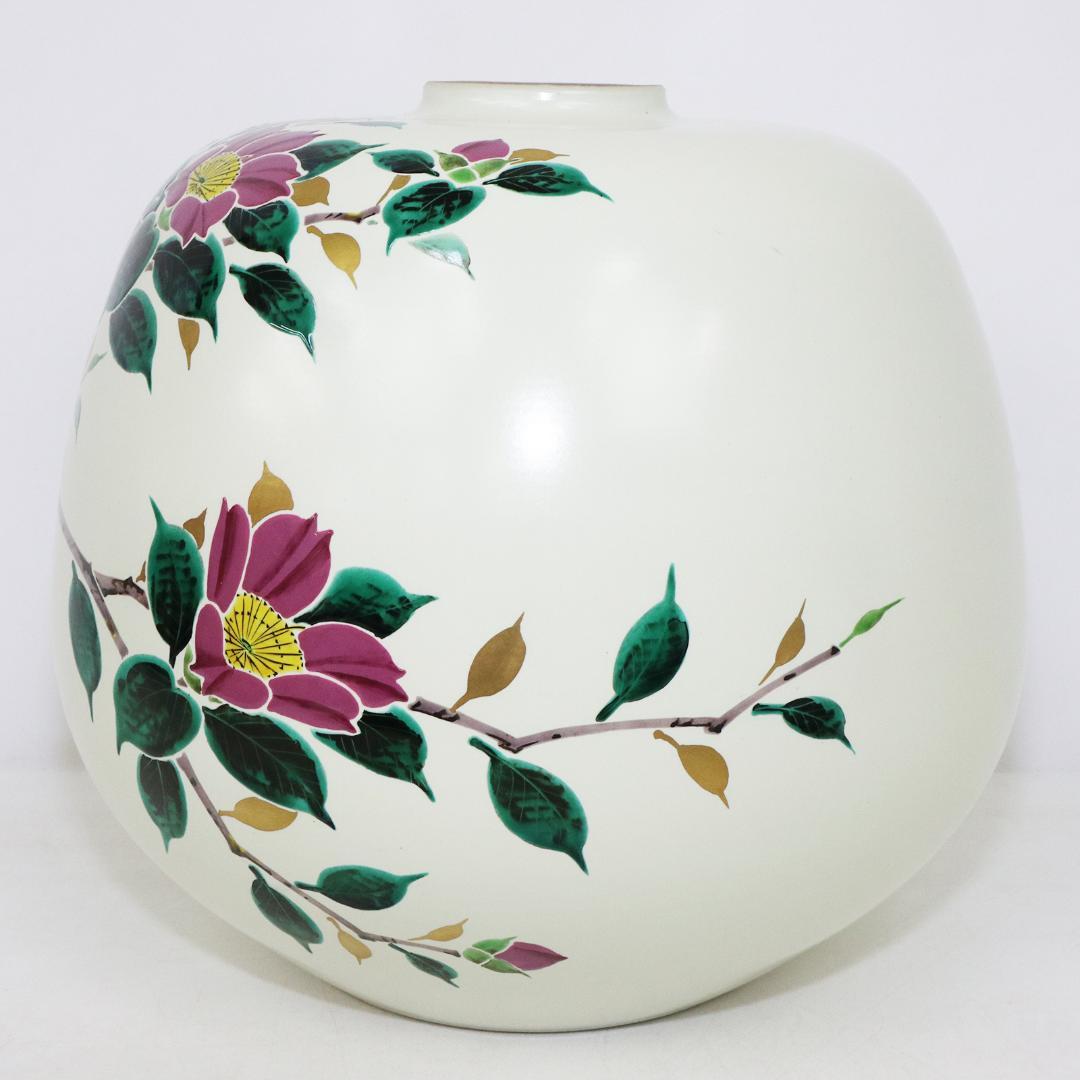 九谷焼 武腰敏昭 花入 山茶花の図 花器 共箱 共布