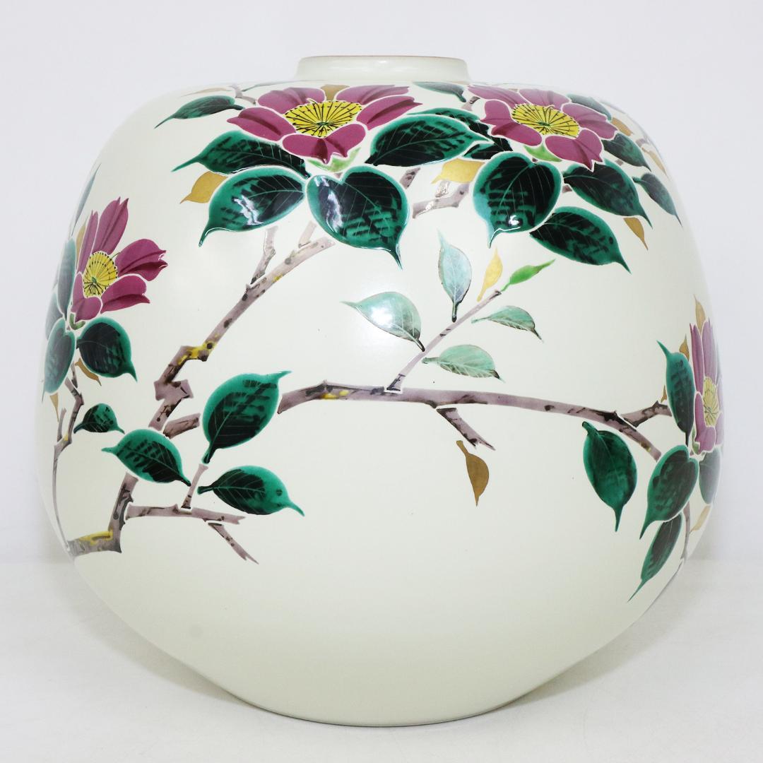 九谷焼 武腰敏昭 花入 山茶花の図 花器 共箱 共布