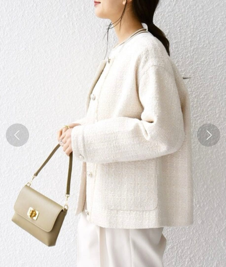 美品☆シップスエニィ ネイビーブルー 24SS ノーカラー ツイード ジャケット