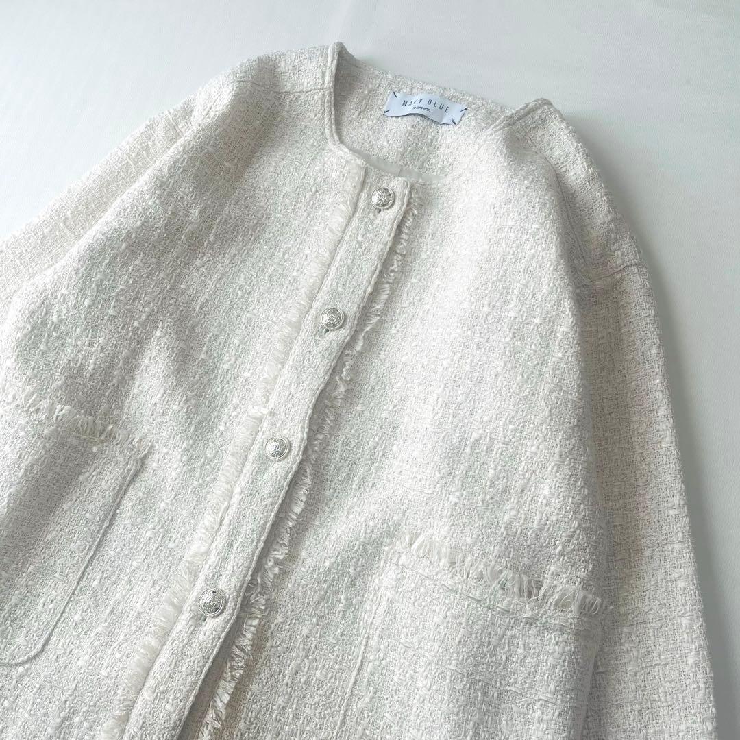 美品☆シップスエニィ ネイビーブルー 24SS ノーカラー ツイード ジャケット