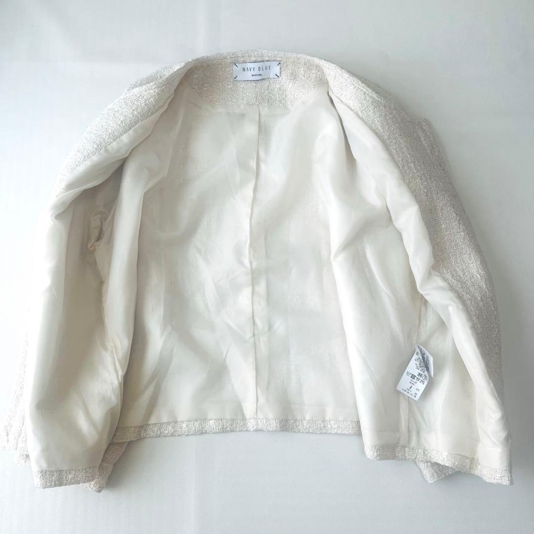 美品☆シップスエニィ ネイビーブルー 24SS ノーカラー ツイード ジャケット
