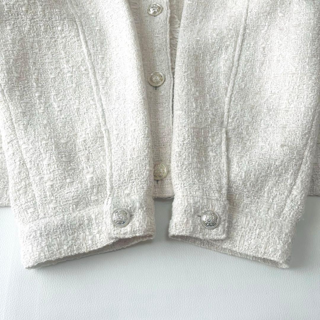 美品☆シップスエニィ ネイビーブルー 24SS ノーカラー ツイード ジャケット