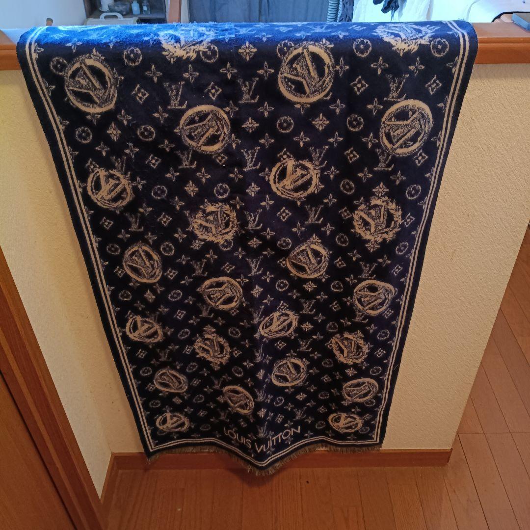 LOUIS VUITTON ロゴ入り大判ストール ネイビー アイボリー