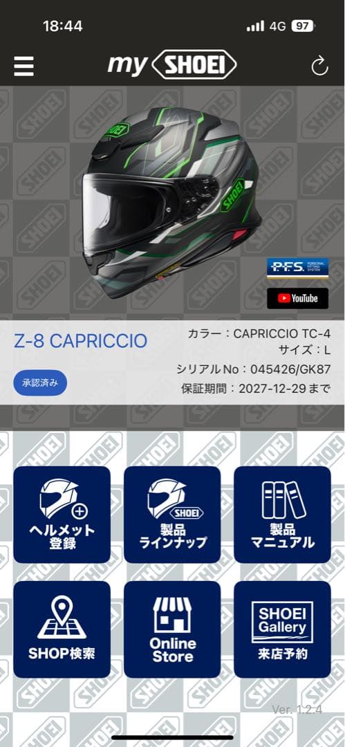 SHOEI フルフェイスヘルメット　Z8 ブラック/グリーン　(カプリッチョ)